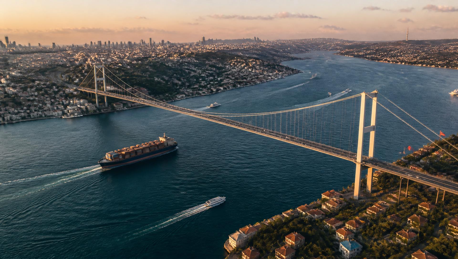 Aerial view of the Bosphorus Bridge in Istanbul at golden hour with a container ship passing beneath it
