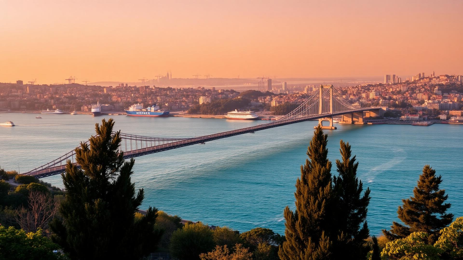 The Bosphorus in Istanbul at golden hour with cargo ships in the strait